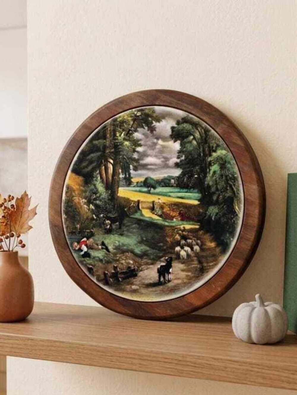 Vintage Mana Furniture Round Wood Wall Decor with Scenic Ceramic Inset